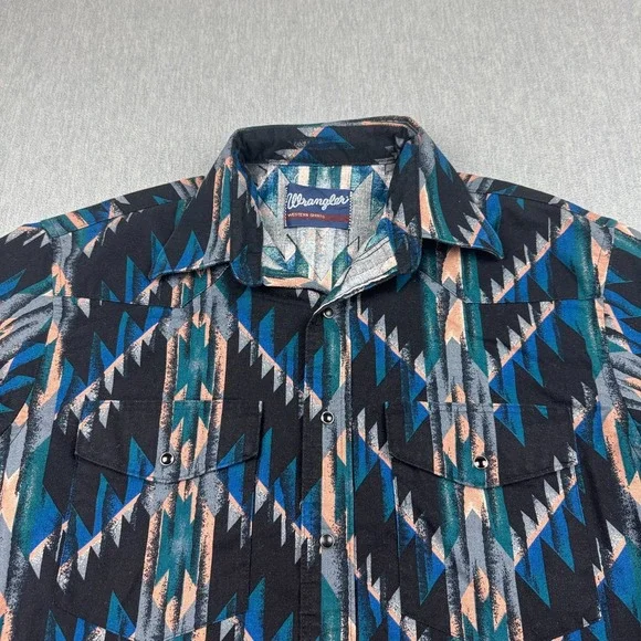 Vintage‎ Wrangler Shirt Mens Large Black Blue Aztec Snap Western Rodeo Cowboy